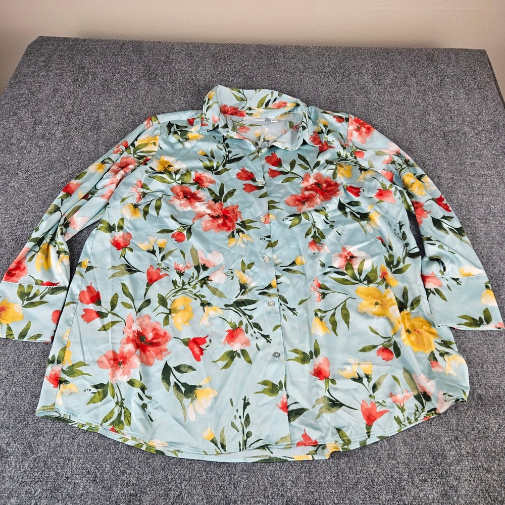 Susan Graver Womens 1X Floral Button Down Shirt Blue Satin Long Sleeve Blouse